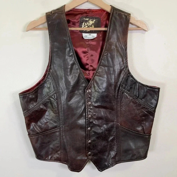 The Leather Ranch  Motorbike Western Button Brown Leather Vest - Picture 3 of 14